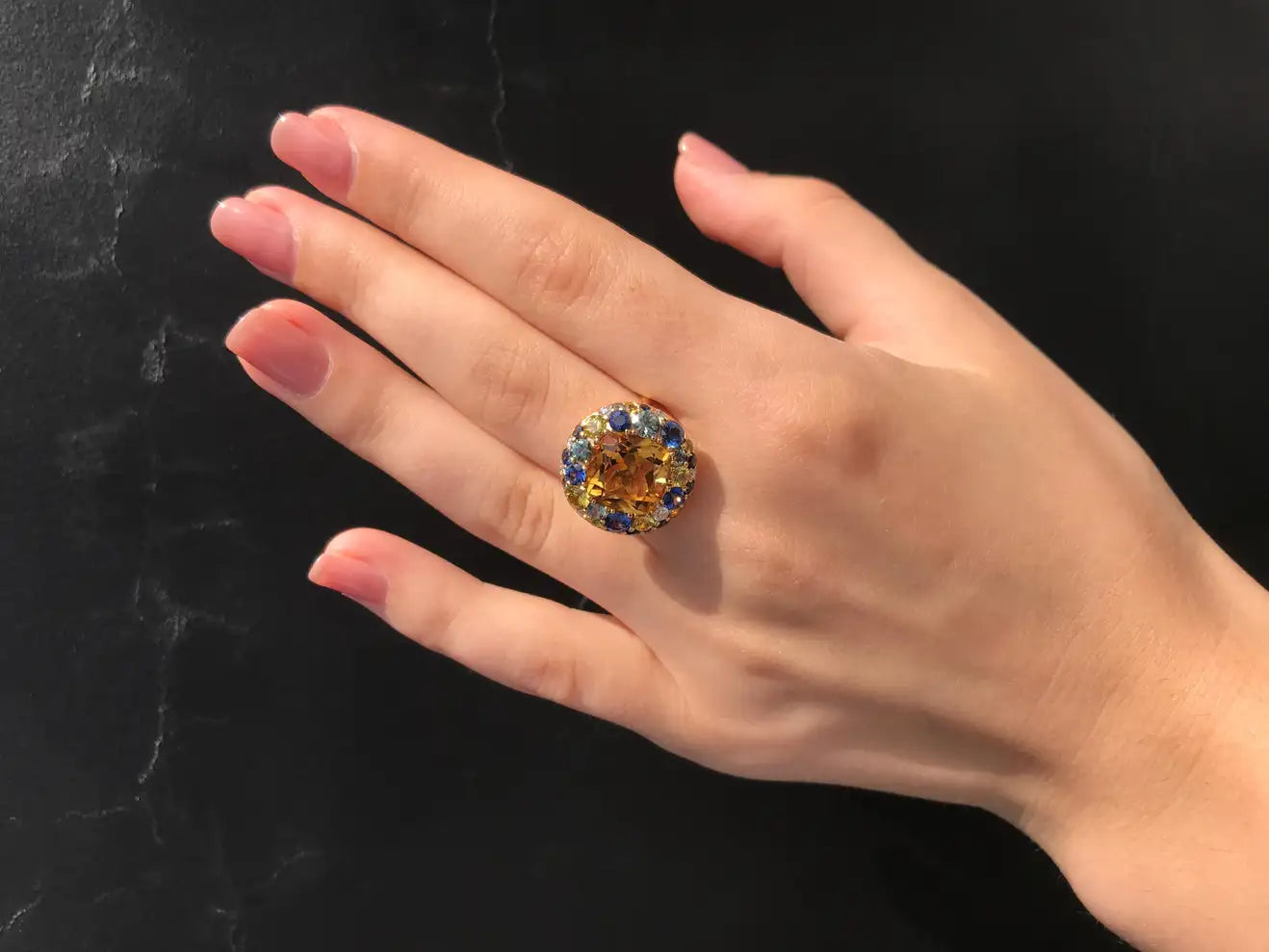 Ukrainian Heritage Citrine and Sapphire Gold Three-Stone Designer Diamond RingRing