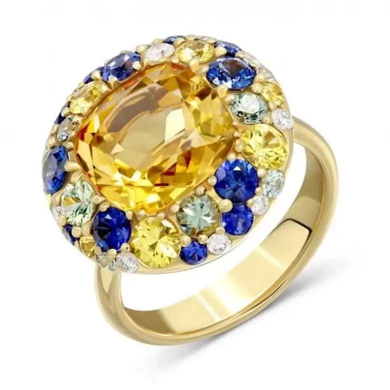 Ukrainian Collection Heritage Citrine and Sapphire Gold Designer Diamond Ring