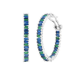 Blue Green Hoop Rainbow Silver Earrings