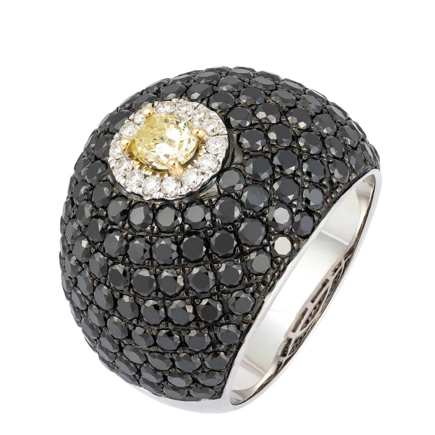 Rare Black Yellow Diamond White Gold 18K Dome Ring For Her
