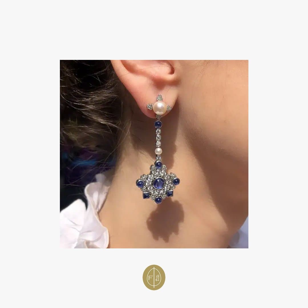 Fabergé Dentelle de Perles White Diamonds & Cabochon Blue Sapphire Stud Earrings - Natkina