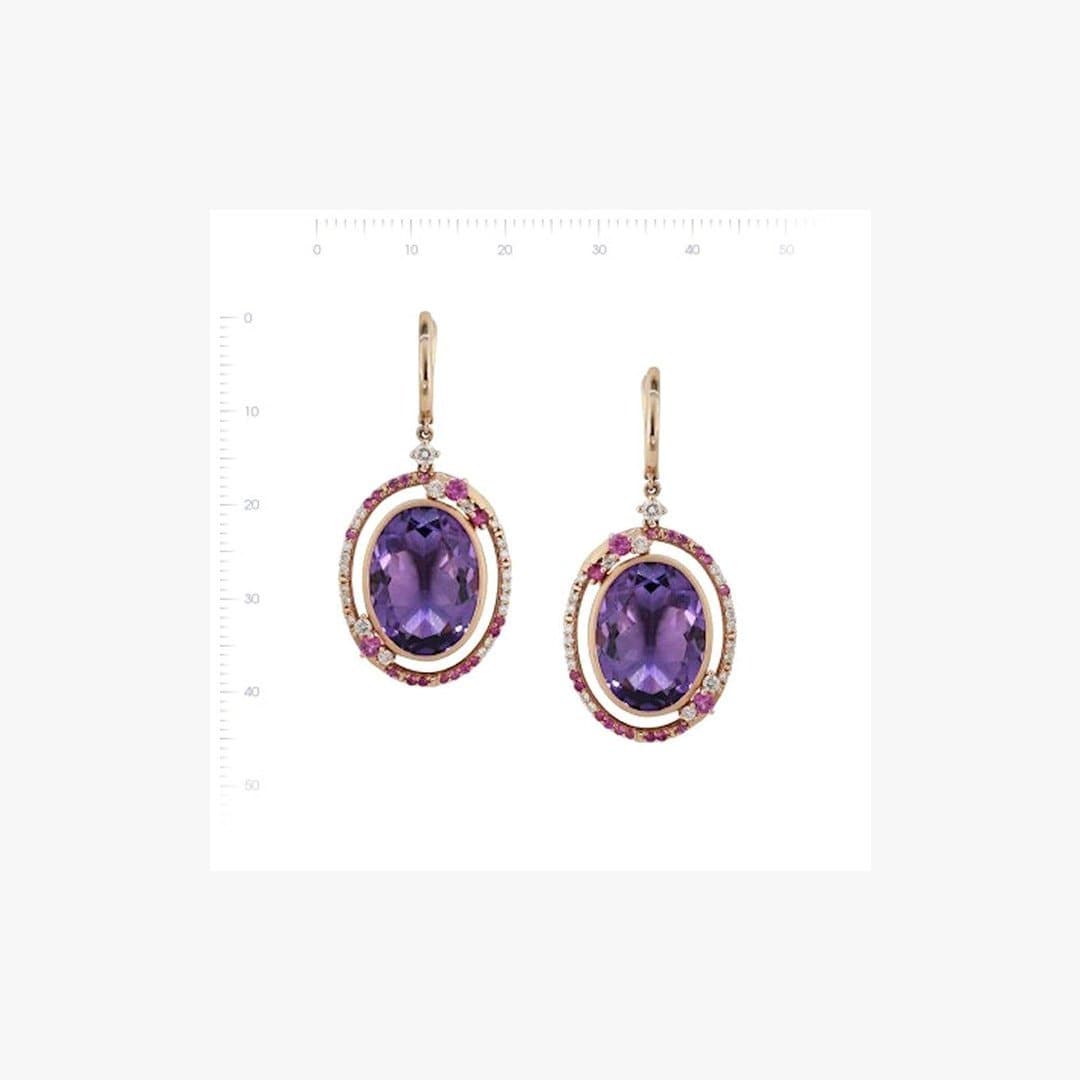 Fancy 20 Carat Purple Amethyst White Diamond Pink Sapphire 18 K Gold Earrings - Natkina
