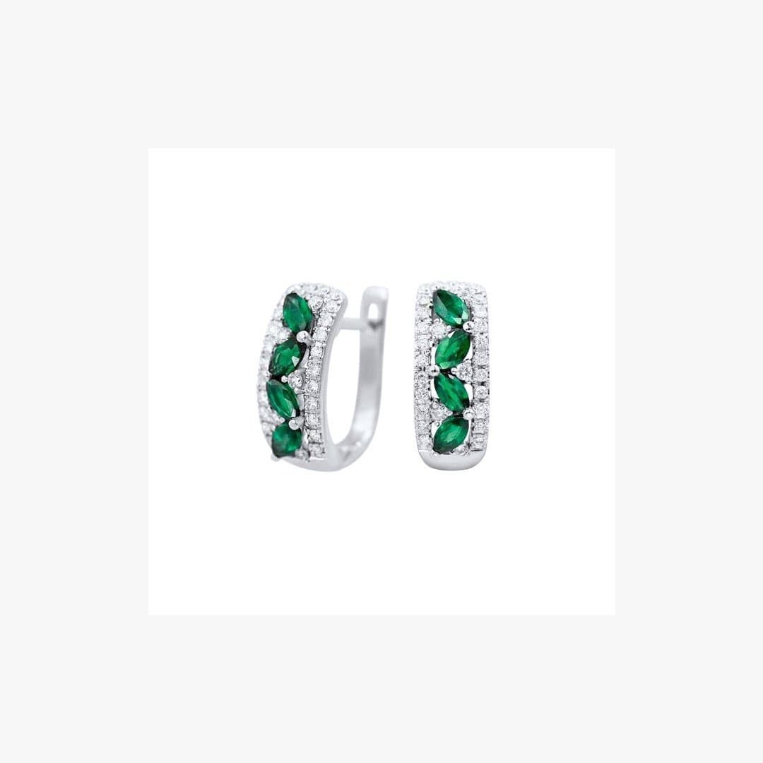 Green Emerald White Diamond White Gold Modern Lever-Back Earrings - Natkina