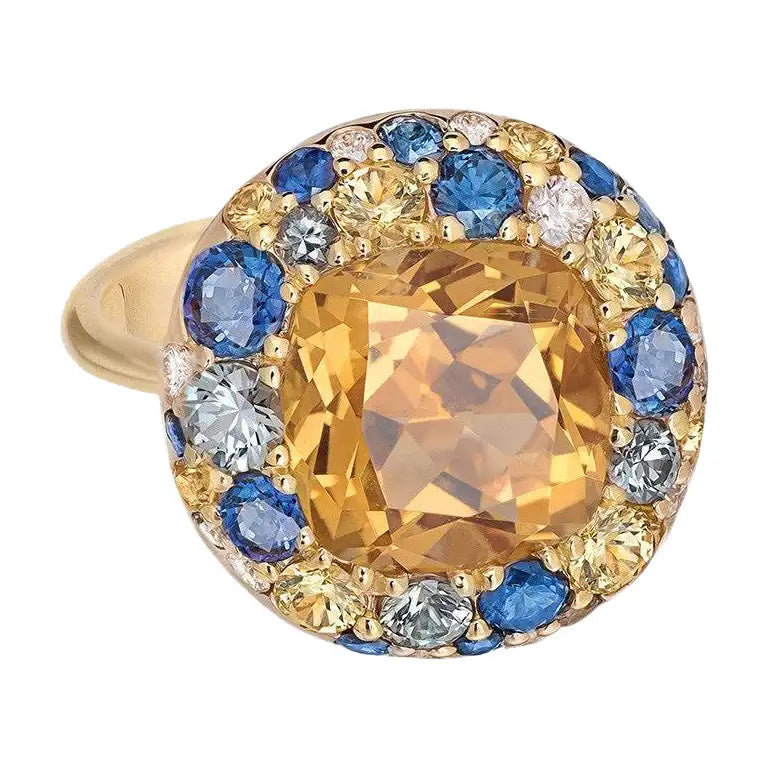 Ukrainian Heritage Citrine and Sapphire Gold Three-Stone Designer Diamond RingRing
