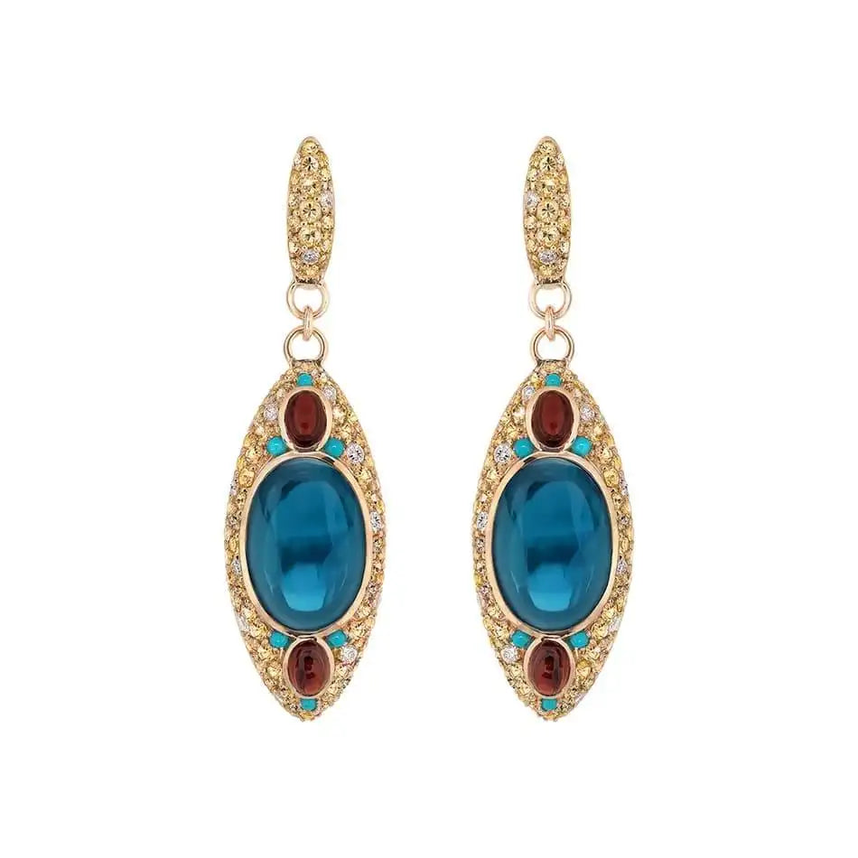 Ukrainian Collection Sapphire Topaz Garnet Diamond 18 Karat Gold Earrings