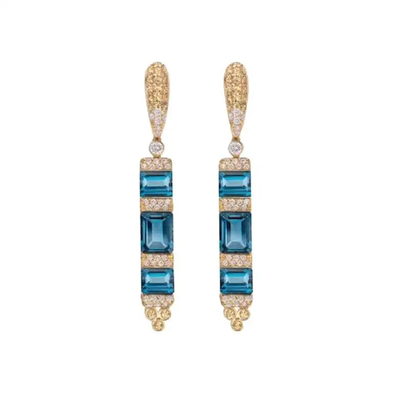 Ukrainian Blue Topaz Yellow Orange Sapphire 18 Karat Gold Diamond Drop Earrings