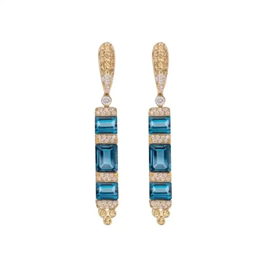 Ukrainian Blue Topaz Yellow Orange Sapphire 18 Karat Gold Diamond Drop Earrings