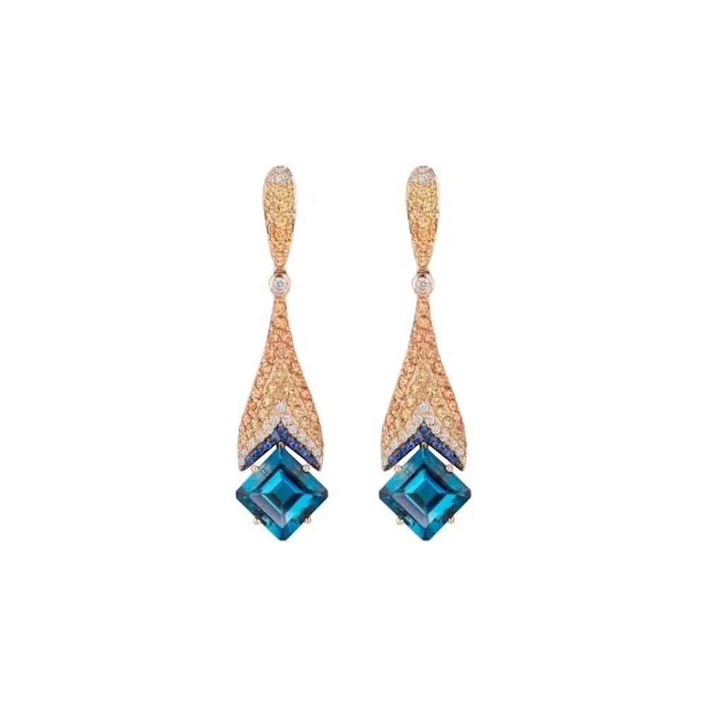 Ukrainian Yellow Orange Sapphire Blue Topaz 18 Karat Gold Diamond Drop Earrings