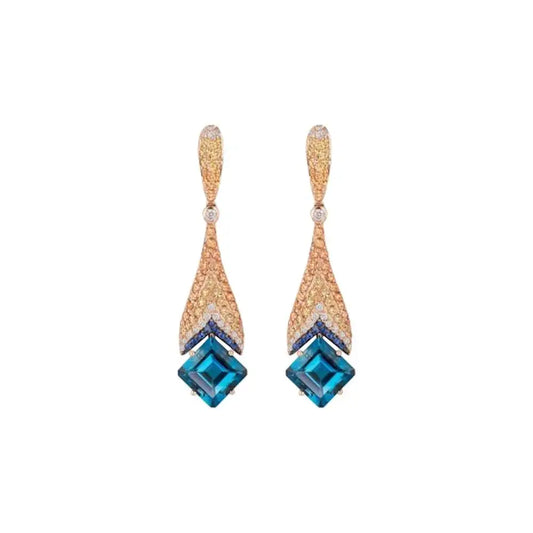 Ukrainian Yellow Orange Sapphire Blue Topaz 18 Karat Gold Diamond Drop Earrings