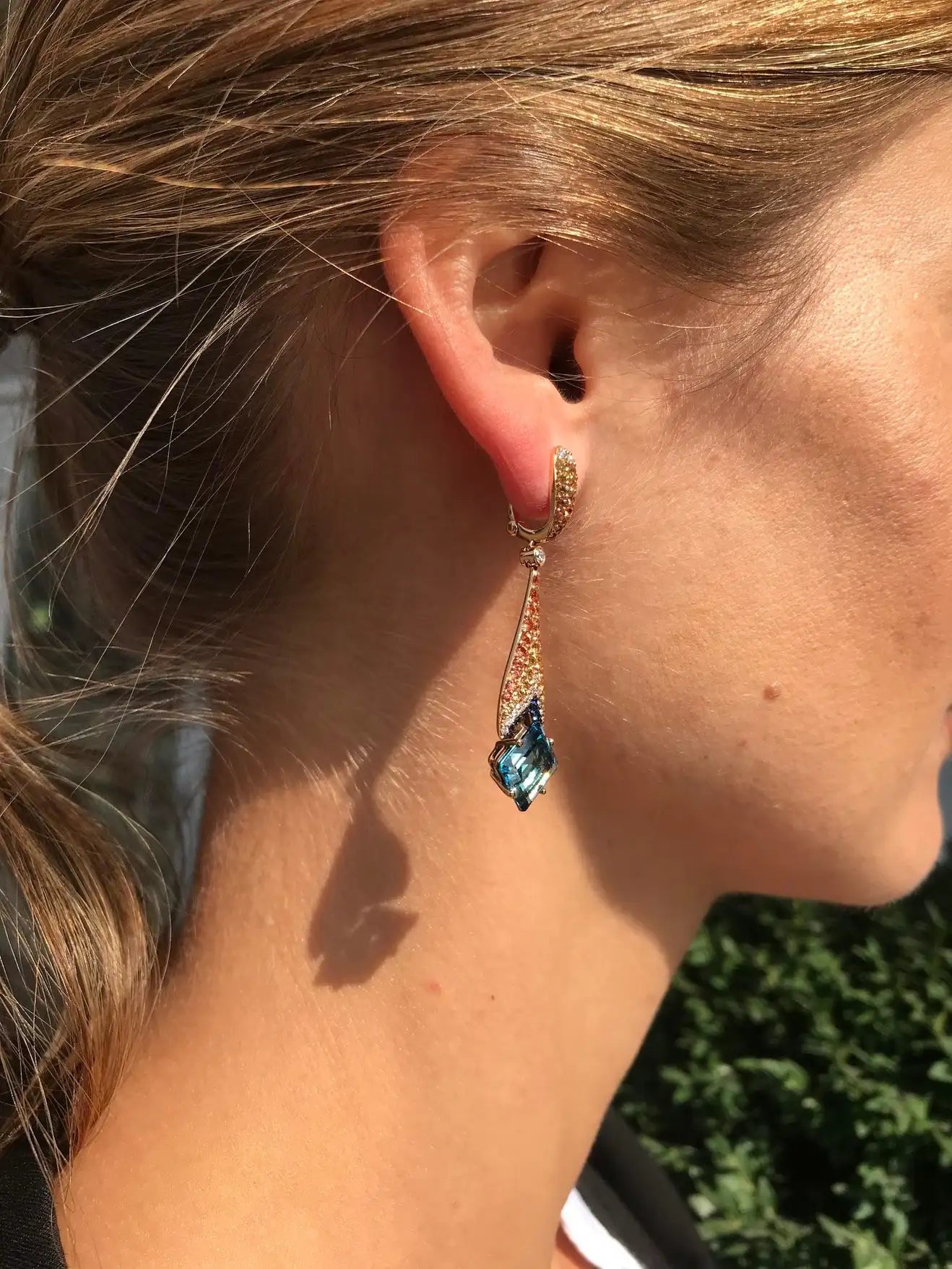 Ukrainian Yellow Orange Sapphire Blue Topaz 18 Karat Gold Diamond Drop Earrings