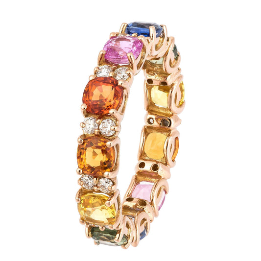 Fancy Multisapphire Diamond Rose Gold 18K Colourful Rainbow Ring For Her