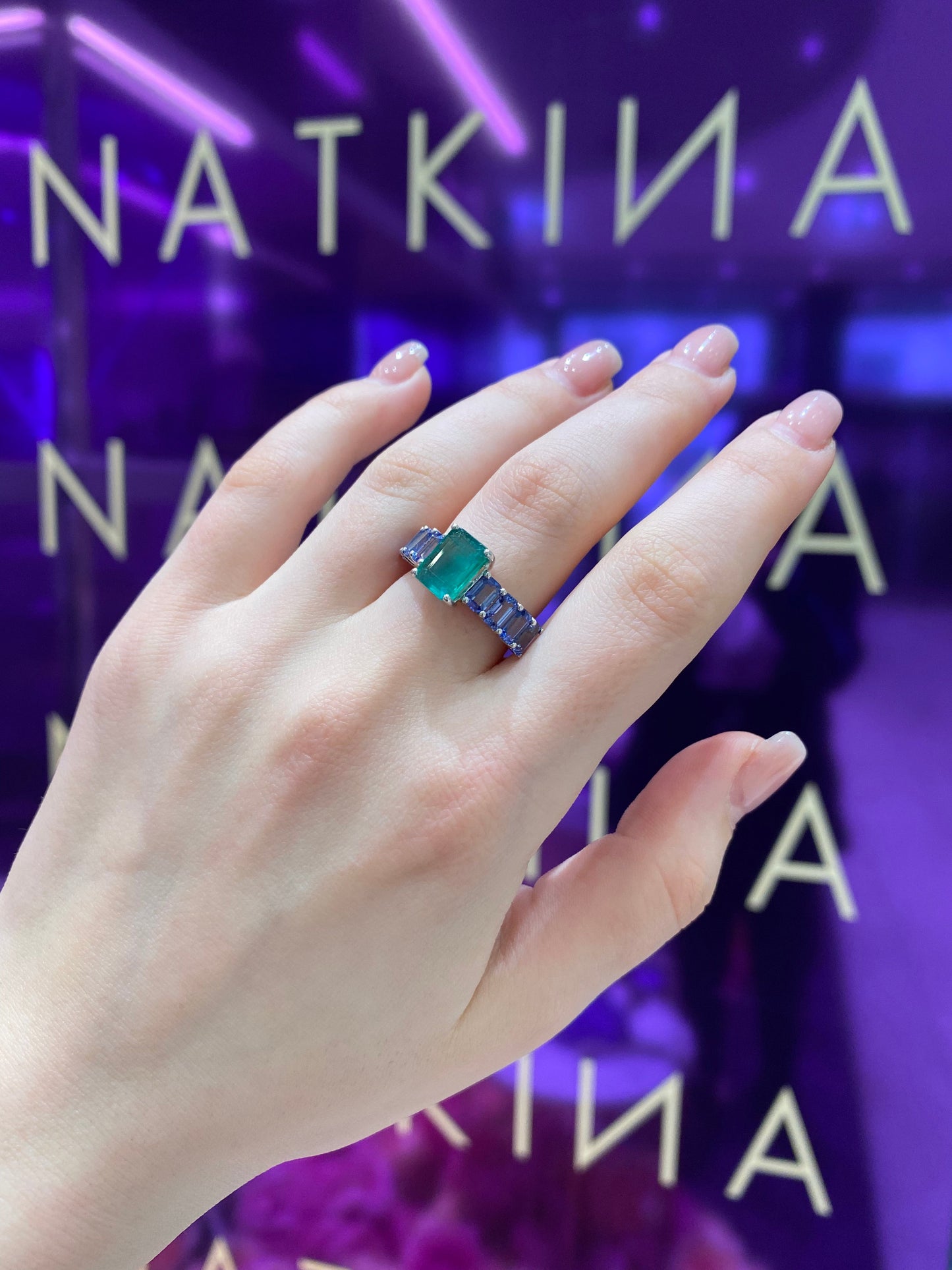 18K White Gold Emerald & Blue Sapphire Ring For Her