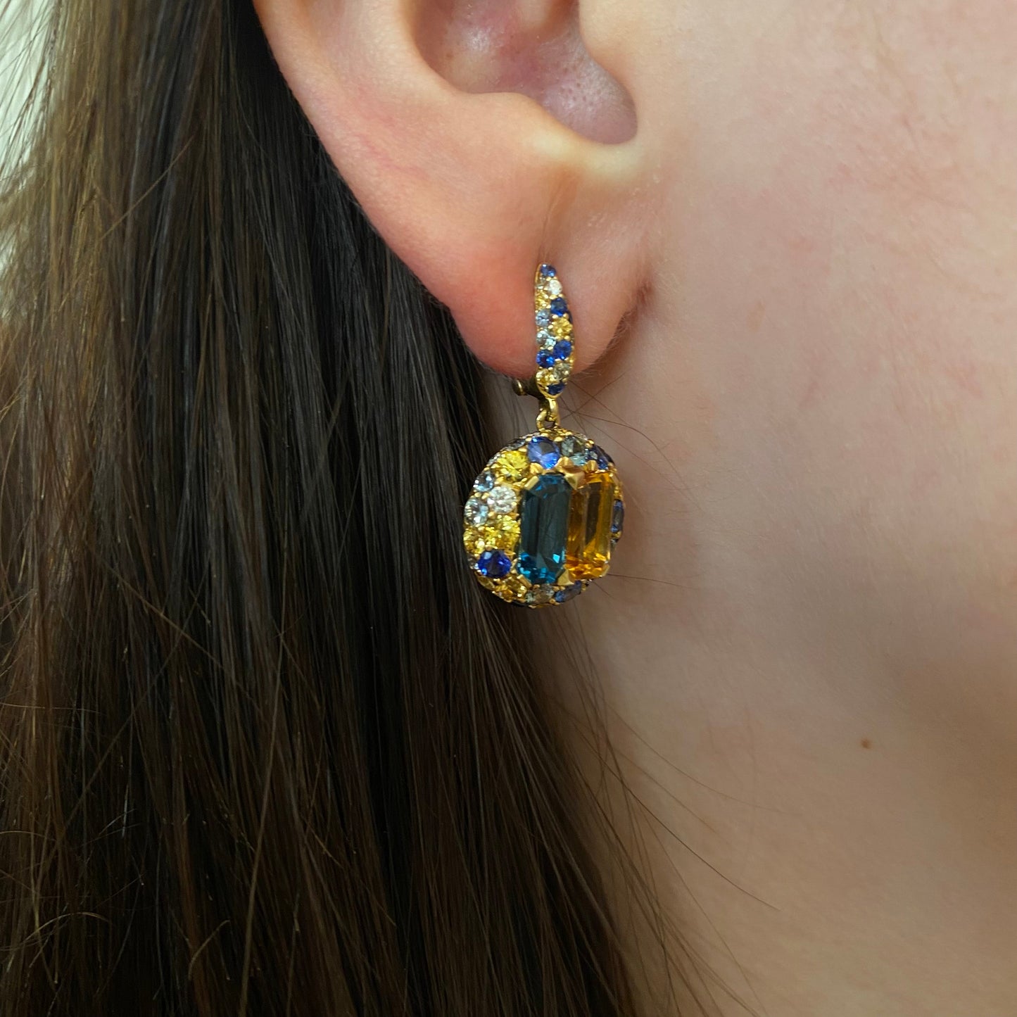 Ukrainian Collection Heritage Citrine Sapphire 18 Karat Gold Diamond Earrings