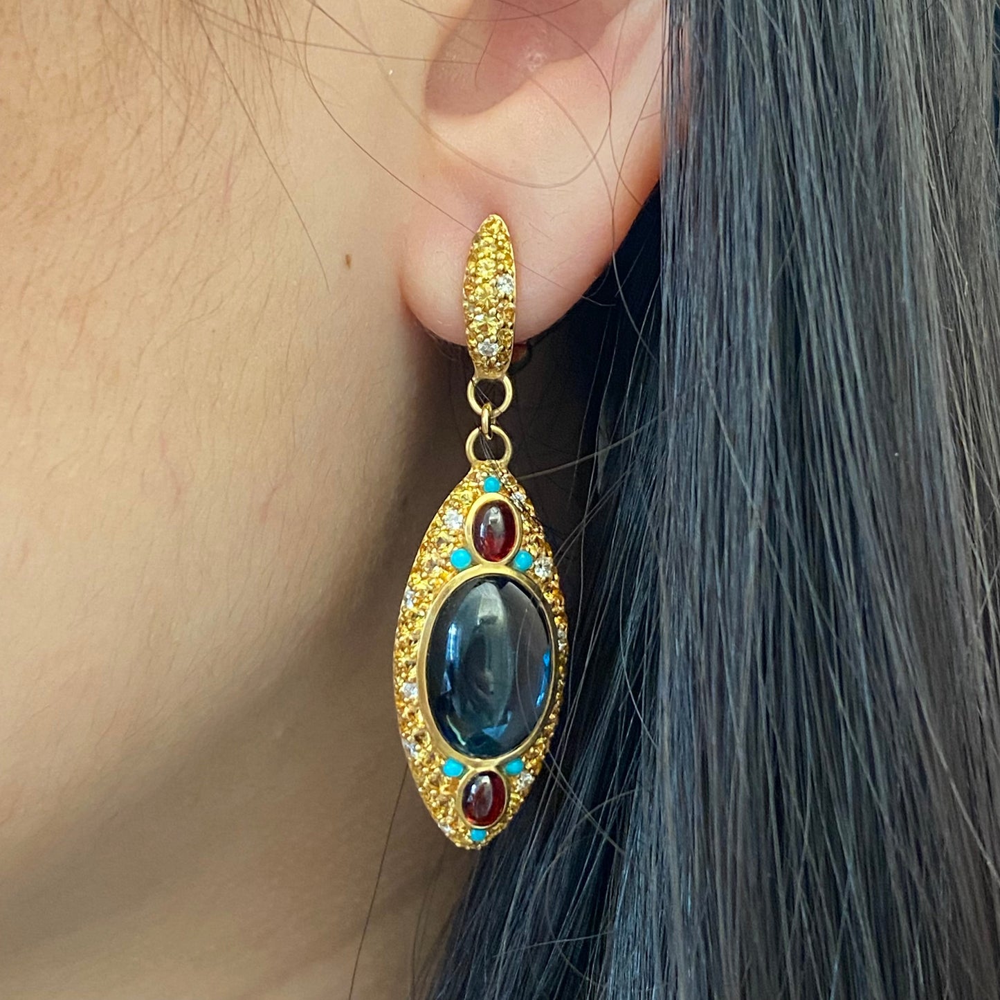 Ukrainian Collection Sapphire Topaz Garnet Diamond 18 Karat Gold Earrings