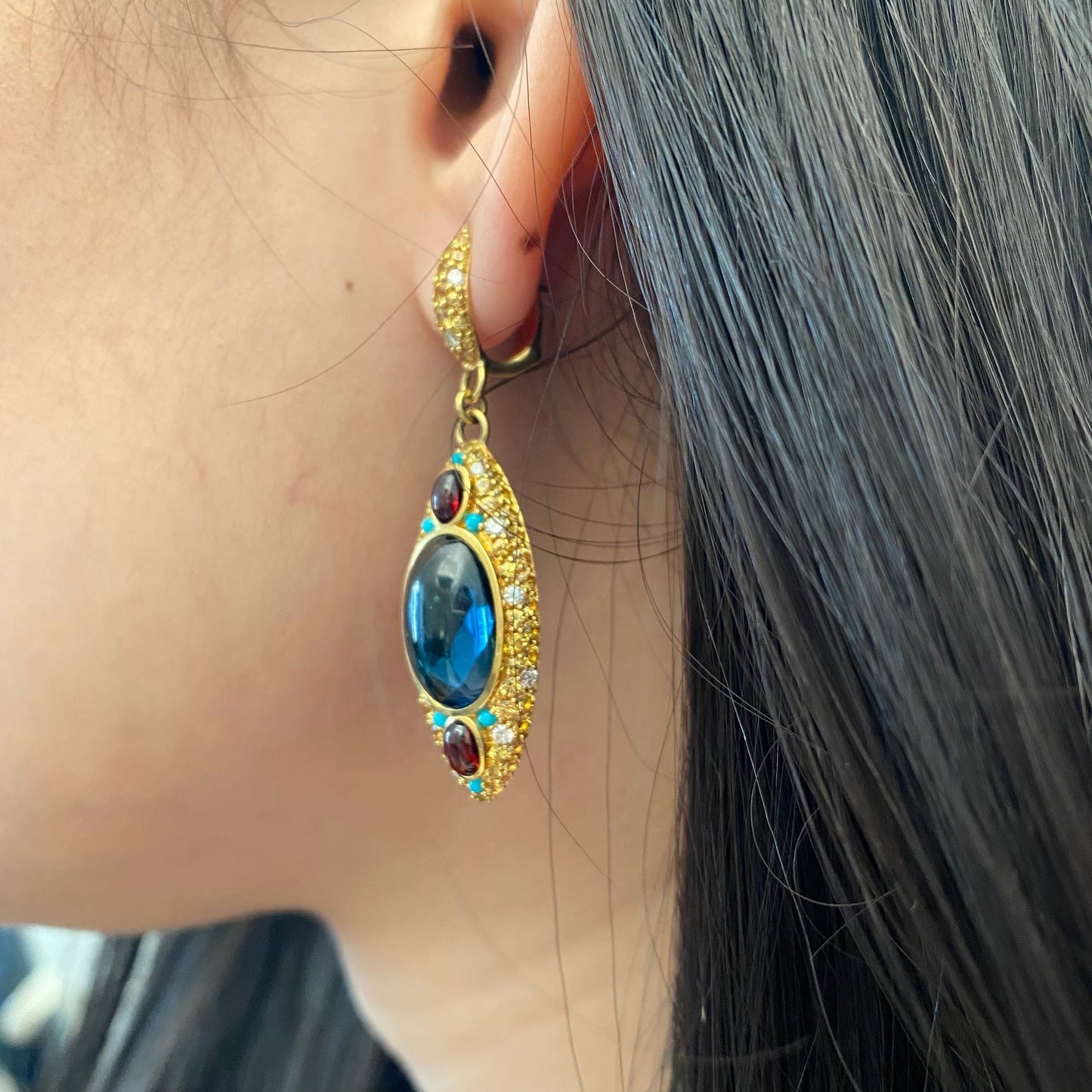 Ukrainian Collection Sapphire Topaz Garnet Diamond 18 Karat Gold Earrings