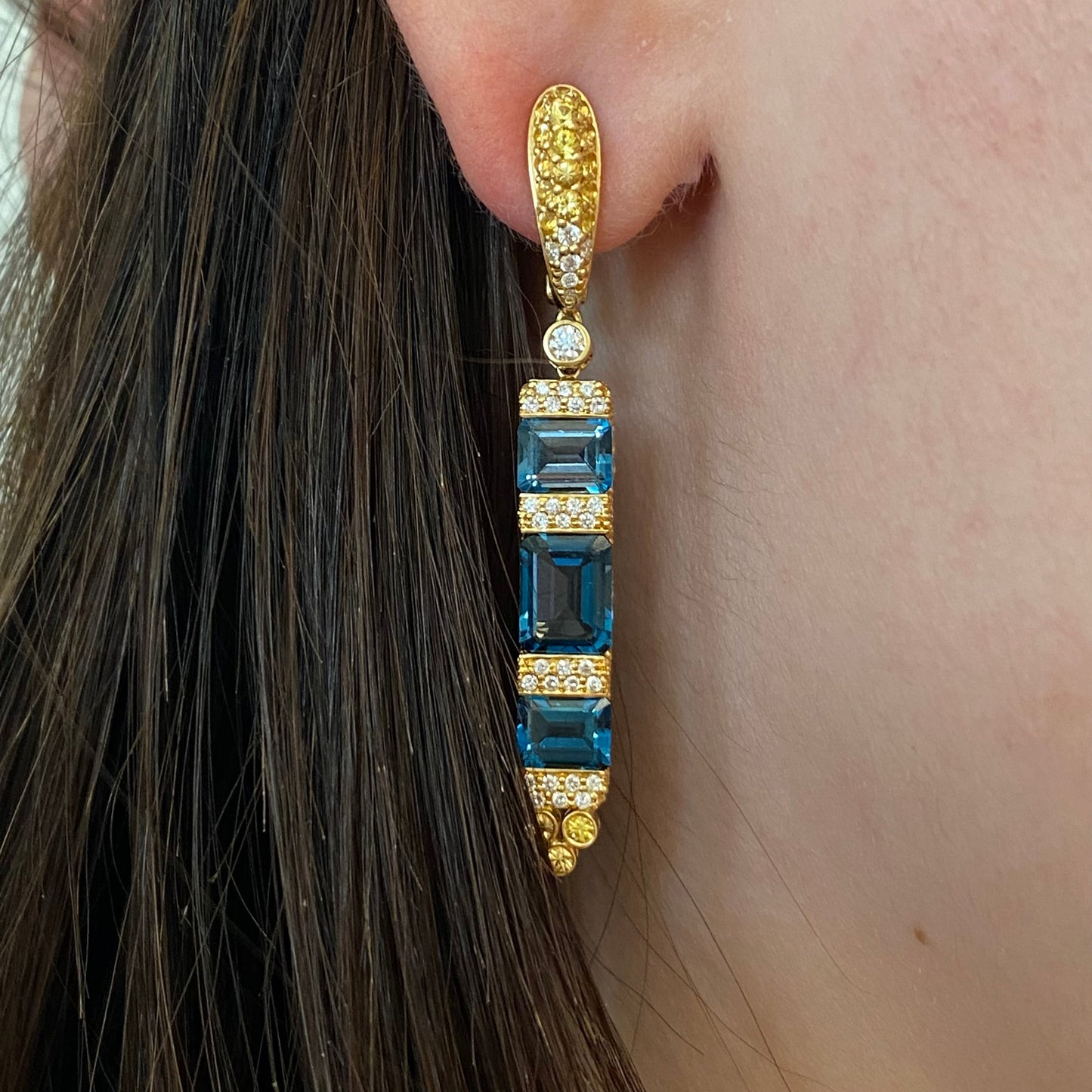 Ukrainian Blue Topaz Yellow Orange Sapphire 18 Karat Gold Diamond Drop Earrings