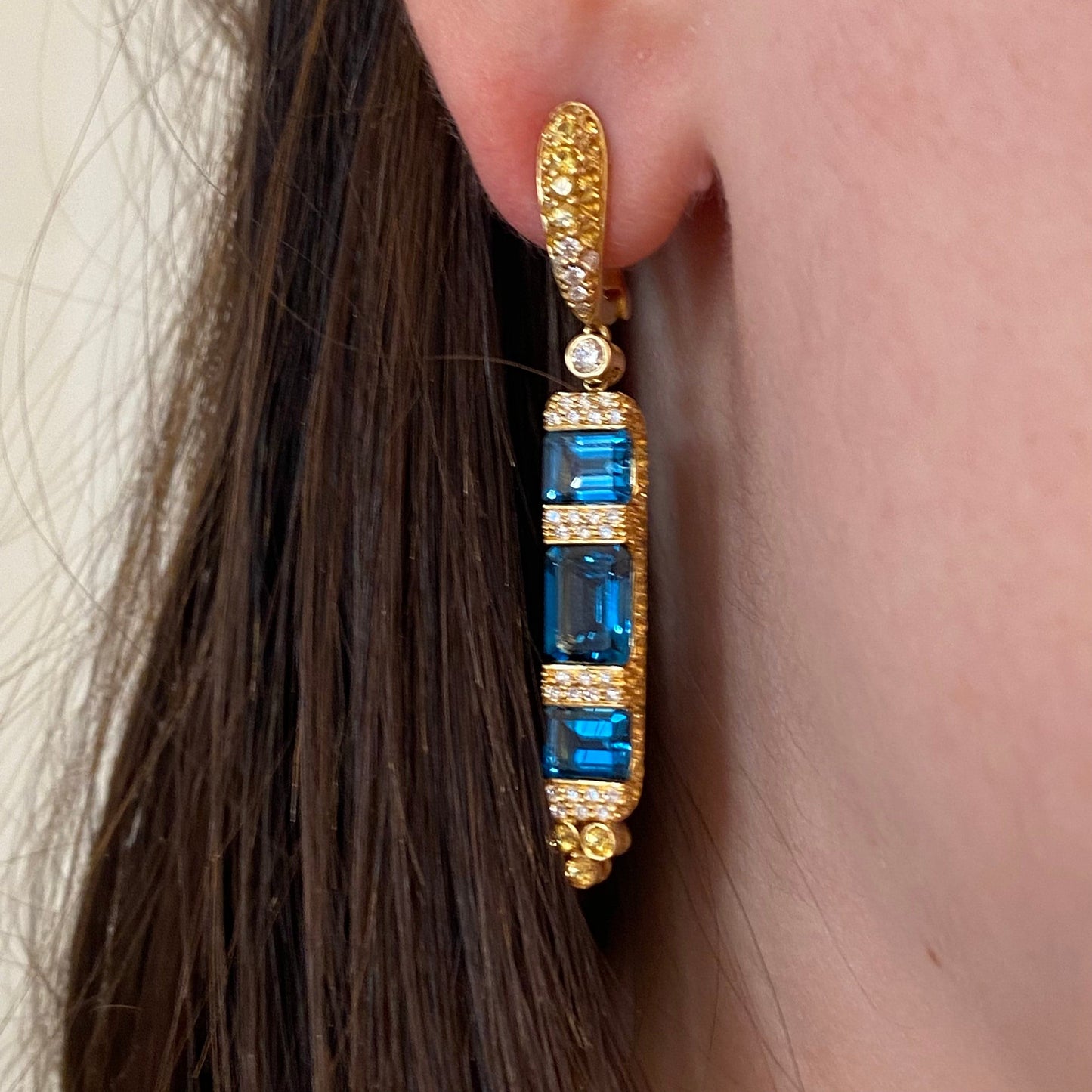 Ukrainian Blue Topaz Yellow Orange Sapphire 18 Karat Gold Diamond Drop Earrings