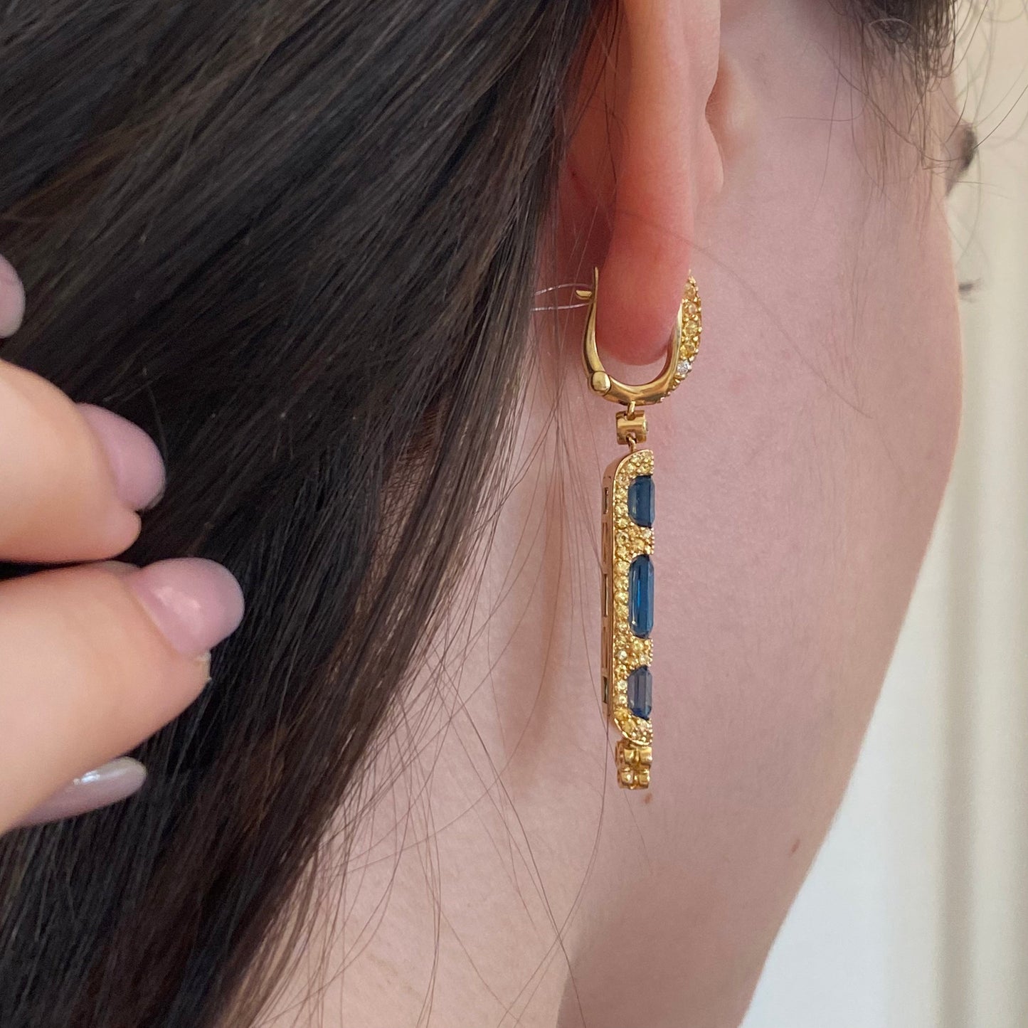 Ukrainian Blue Topaz Yellow Orange Sapphire 18 Karat Gold Diamond Drop Earrings