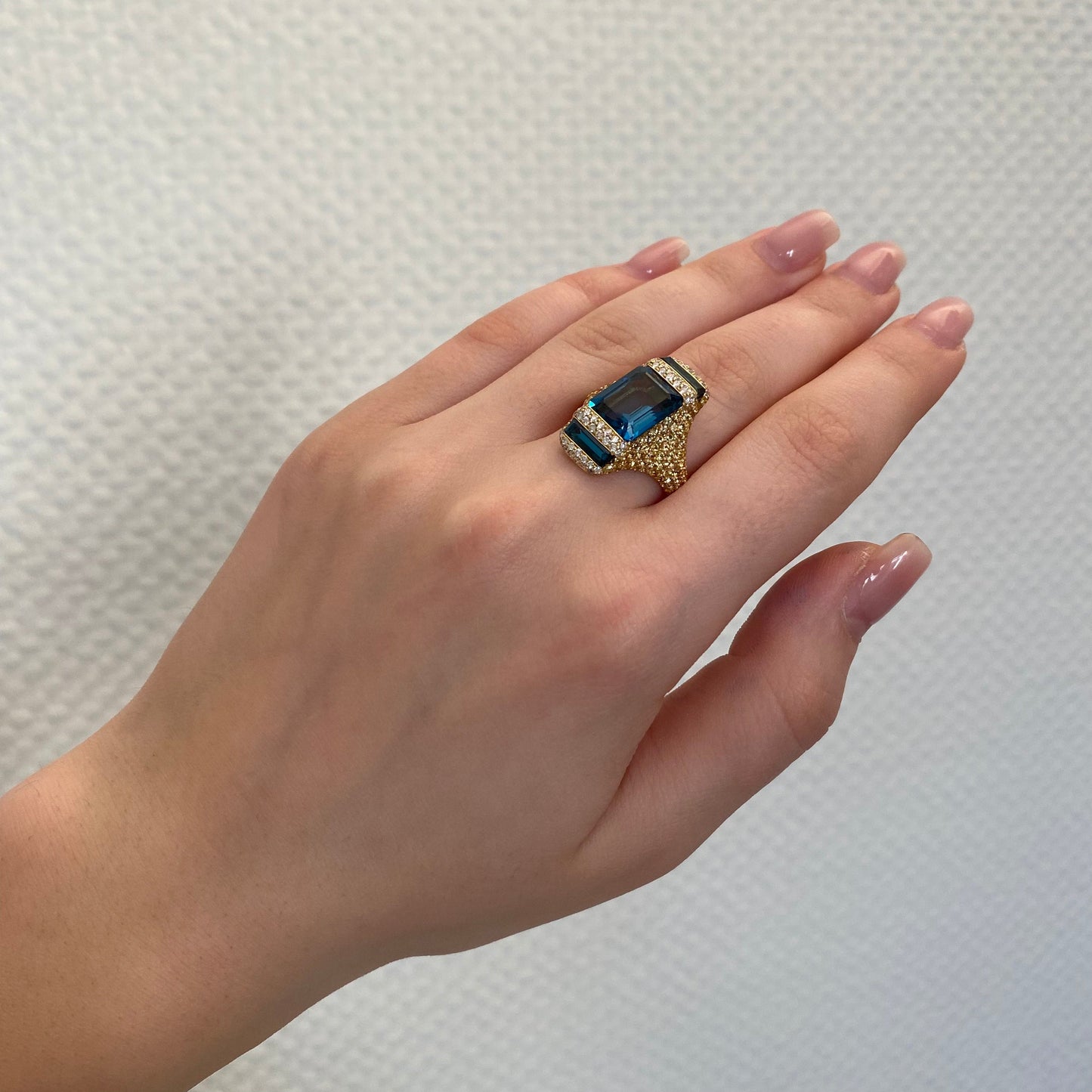 Ukrainian Blue Topaz Yellow Sapphire 18 Karat Gold Designer Diamond Ring