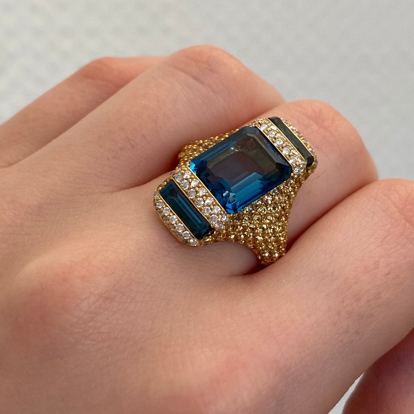 Ukrainian Blue Topaz Yellow Sapphire 18 Karat Gold Designer Diamond Ring