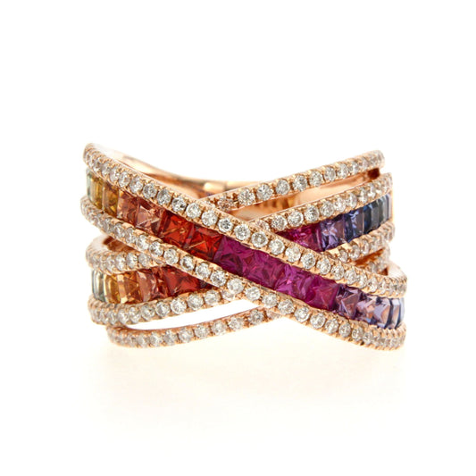 Rainbow Multisapphire Diamond Rose Gold 18K Band Ring For Her