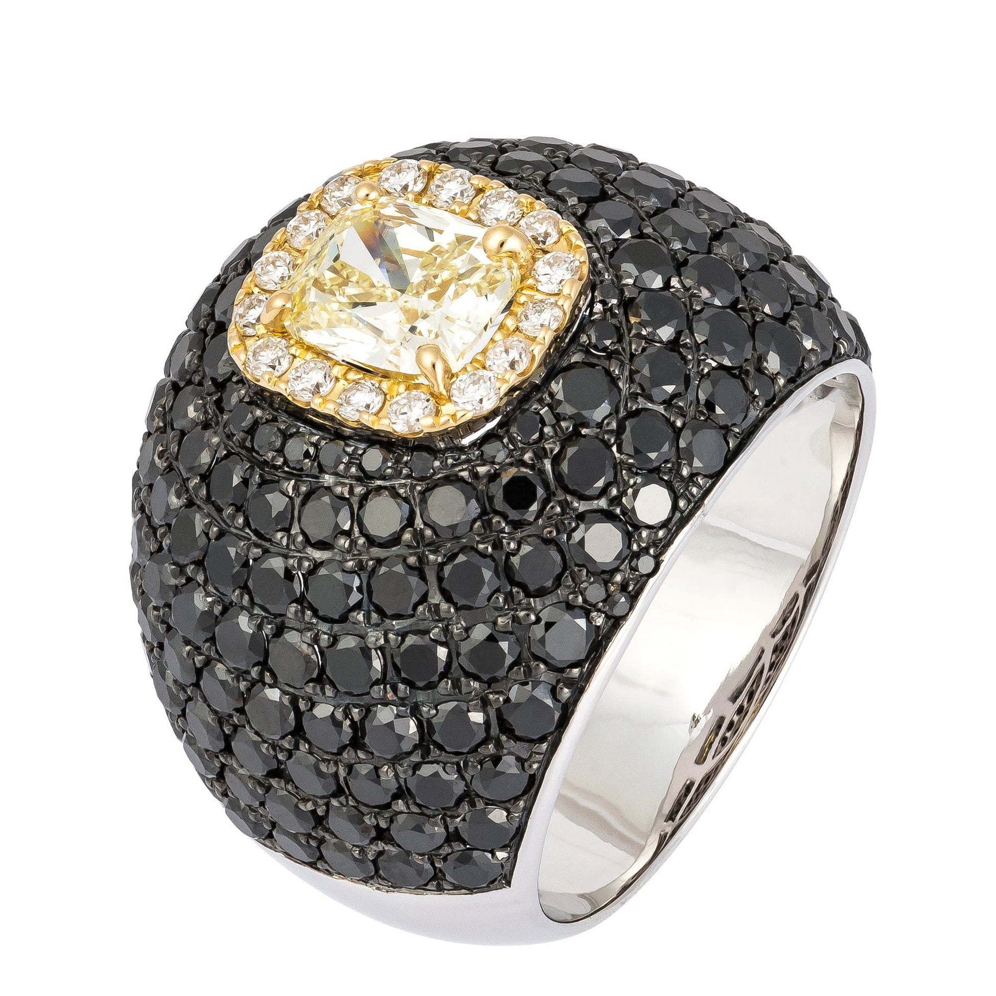 Italian Rare Black Yellow Diamond White Gold 18K Ring For Her