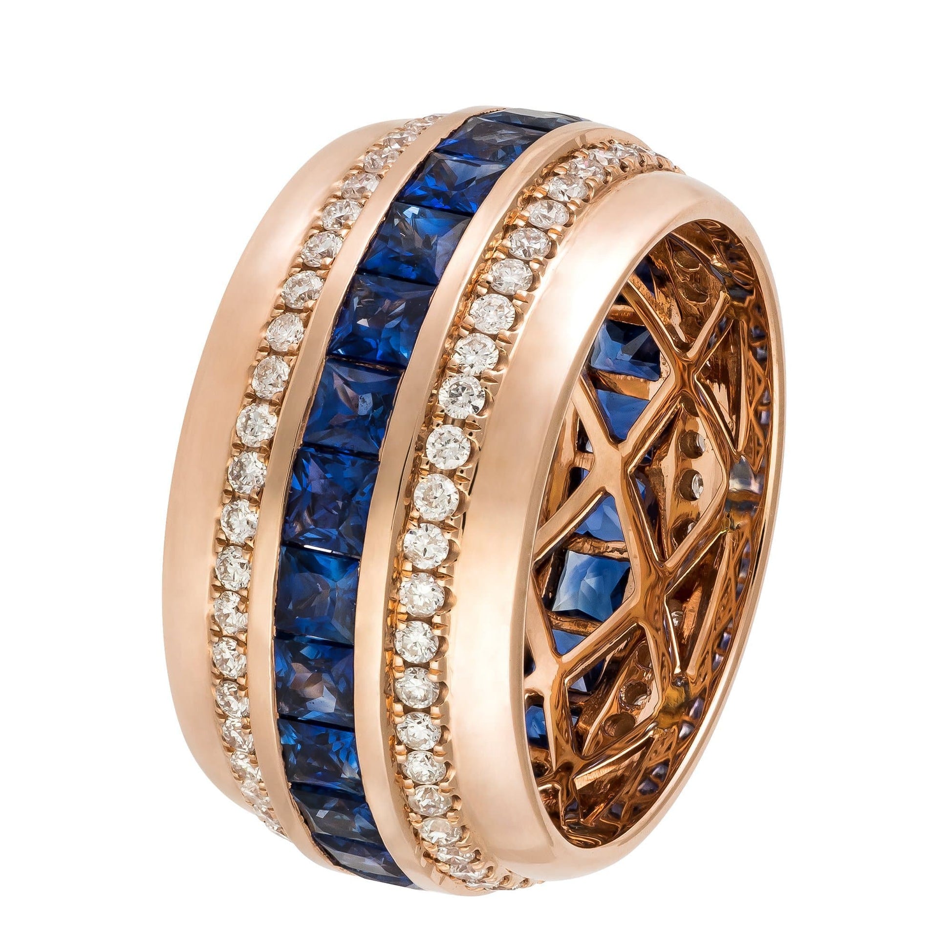 Modern Blue Sapphire Diamond Rose Gold 18K Band Ring For Her