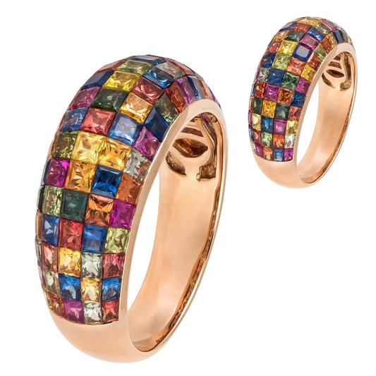 Colourful Multisapphire Diamond Rose Gold 18K Dome Ring For Her