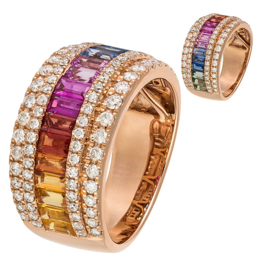 Multisapphire Diamond Rose Colourful Band Ring For Her 18 K Gold