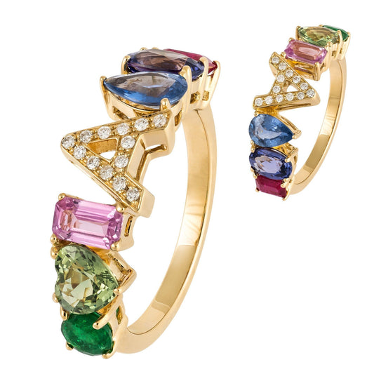 Choose your letter in this Multisapphire Diamond Yellow Gold 18K Ring For Her