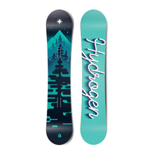 Load image into Gallery viewer, The top and bottom view of a snowboard. The top has view is turquoise and black with graphics of
          trees. The bottom view is turquoise with the word hydrogen written in cursive.
