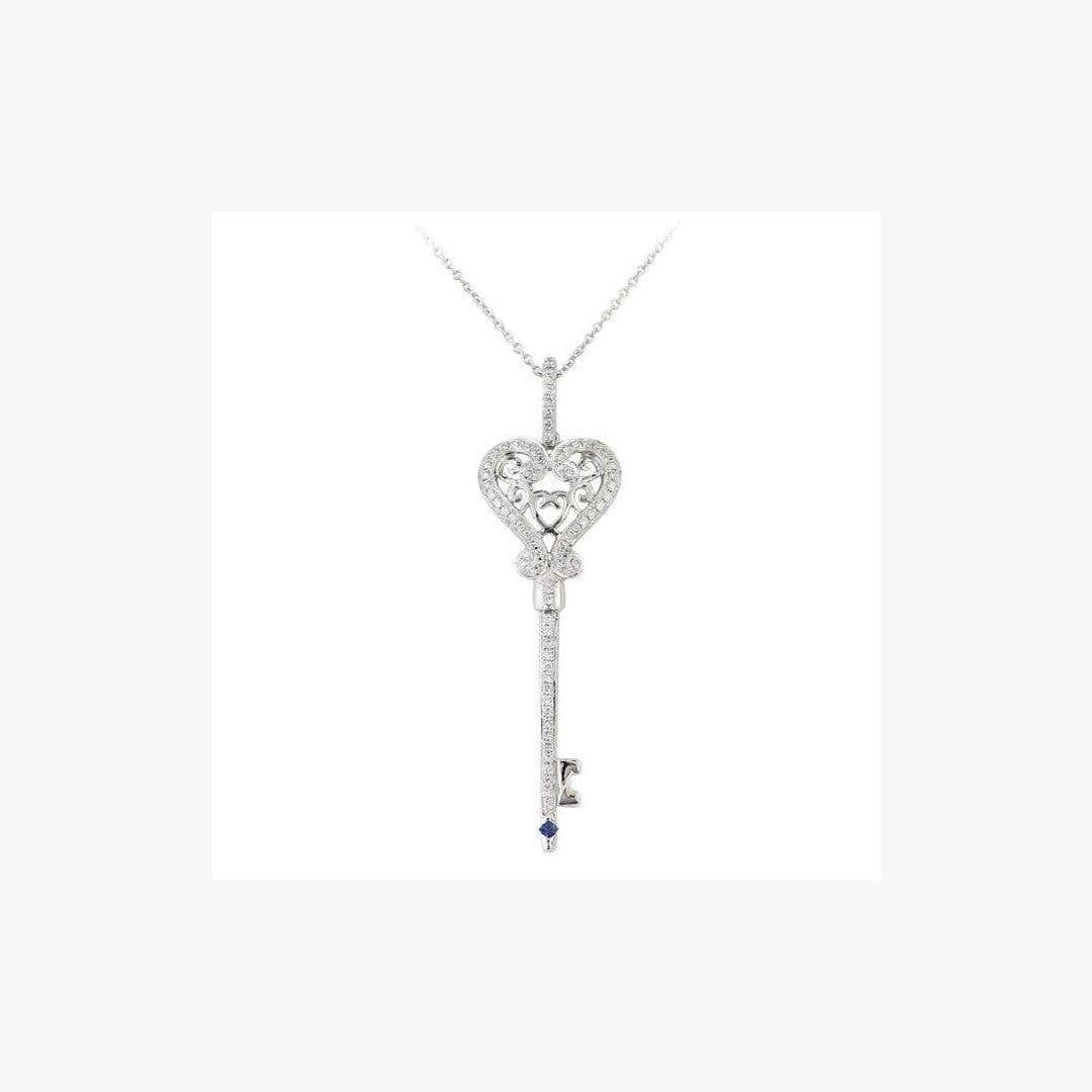 White Diamond Blue Sapphire White Gold 14K Key Necklace - Natkina