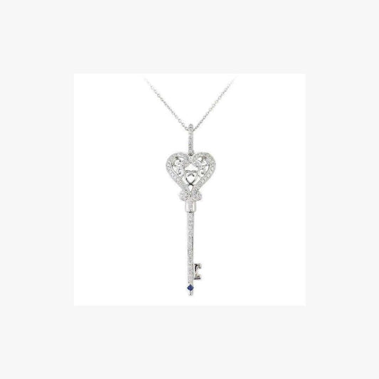 White Diamond Blue Sapphire White Gold 14K Key Necklace - Natkina