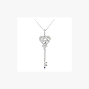 White Diamond Blue Sapphire White Gold 14K Key Necklace - Natkina