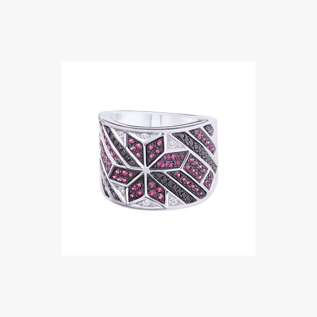 White Diamond Black Diamond Red Ruby White Gold Wide Star Design Ring - Natkina