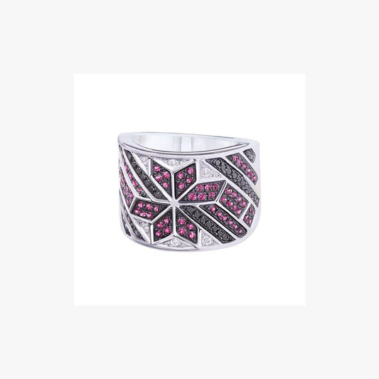 White Diamond Black Diamond Red Ruby White Gold Wide Star Design Ring - Natkina