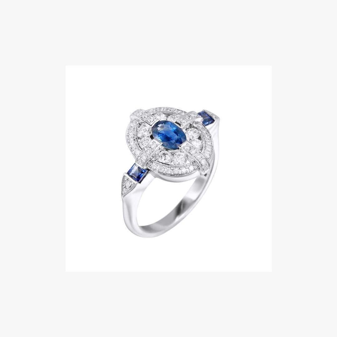 Blue Sapphire Center White Diamond White Gold  Ring - Natkina