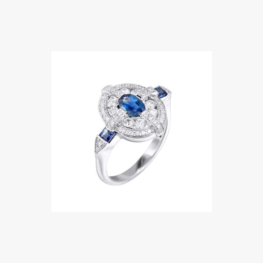 Blue Sapphire Center White Diamond White Gold  Ring - Natkina