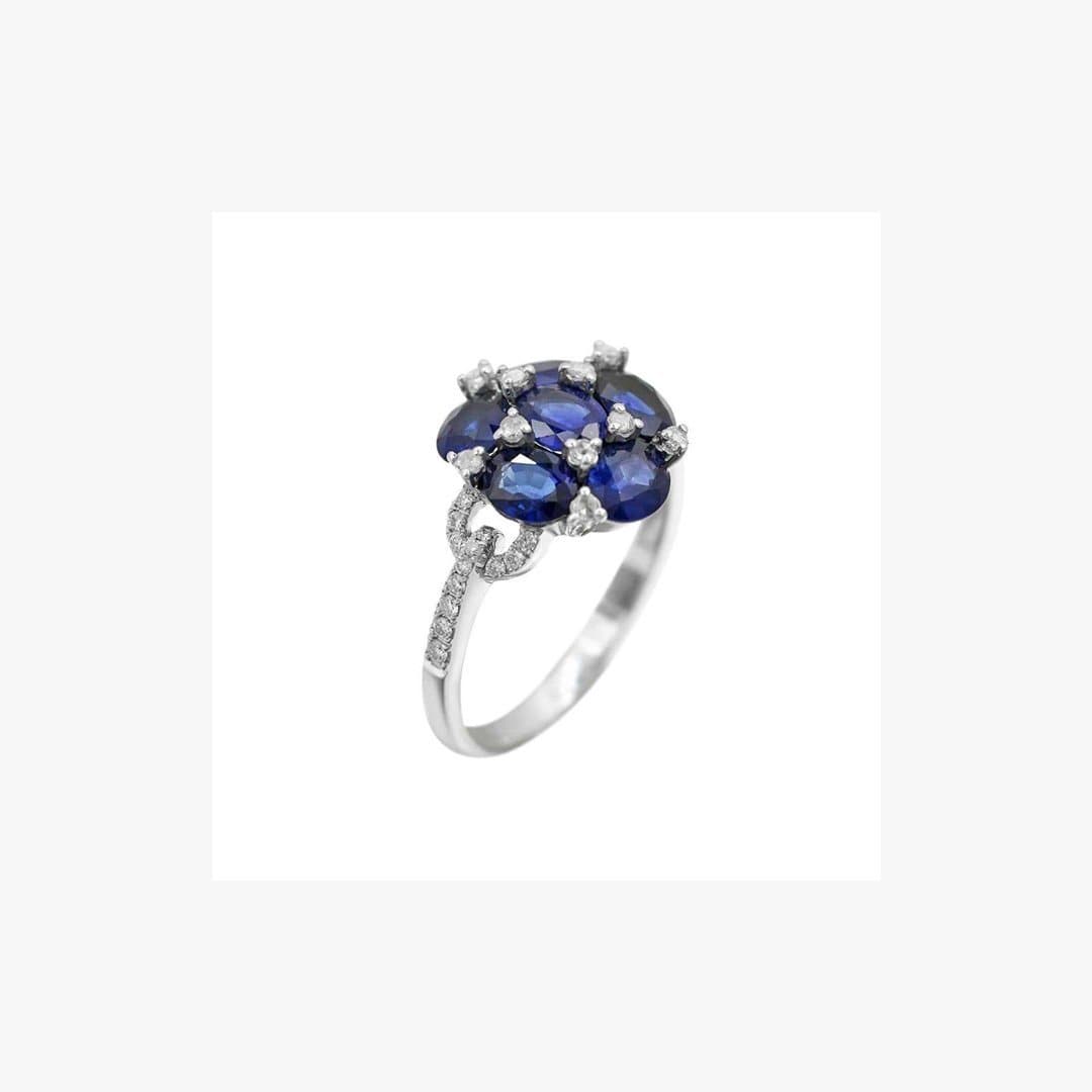 Flower Blue Sapphire White Diamond White Gold Statement Ring - Natkina