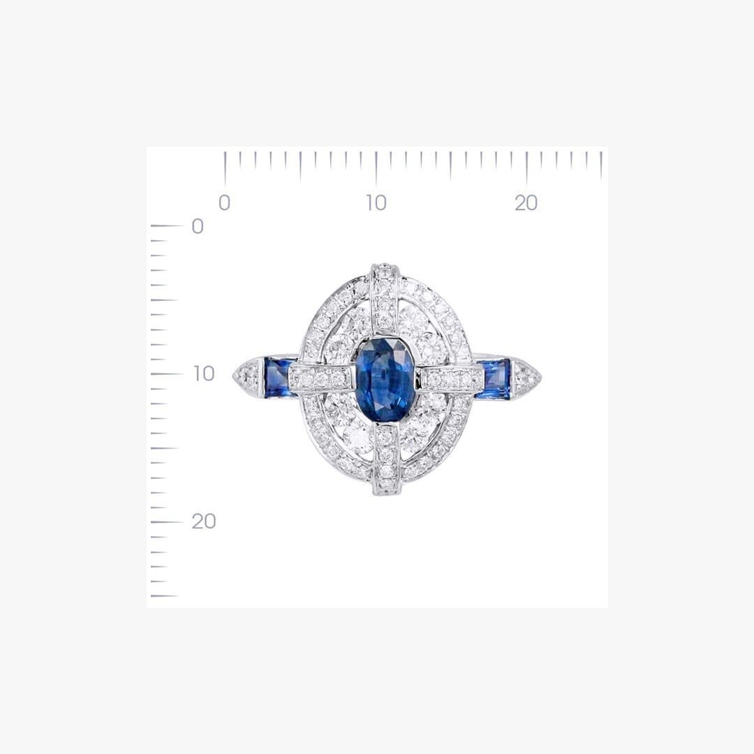 Classical Combination Blue Sapphire White Diamond White Gold Statement Ring - Natkina