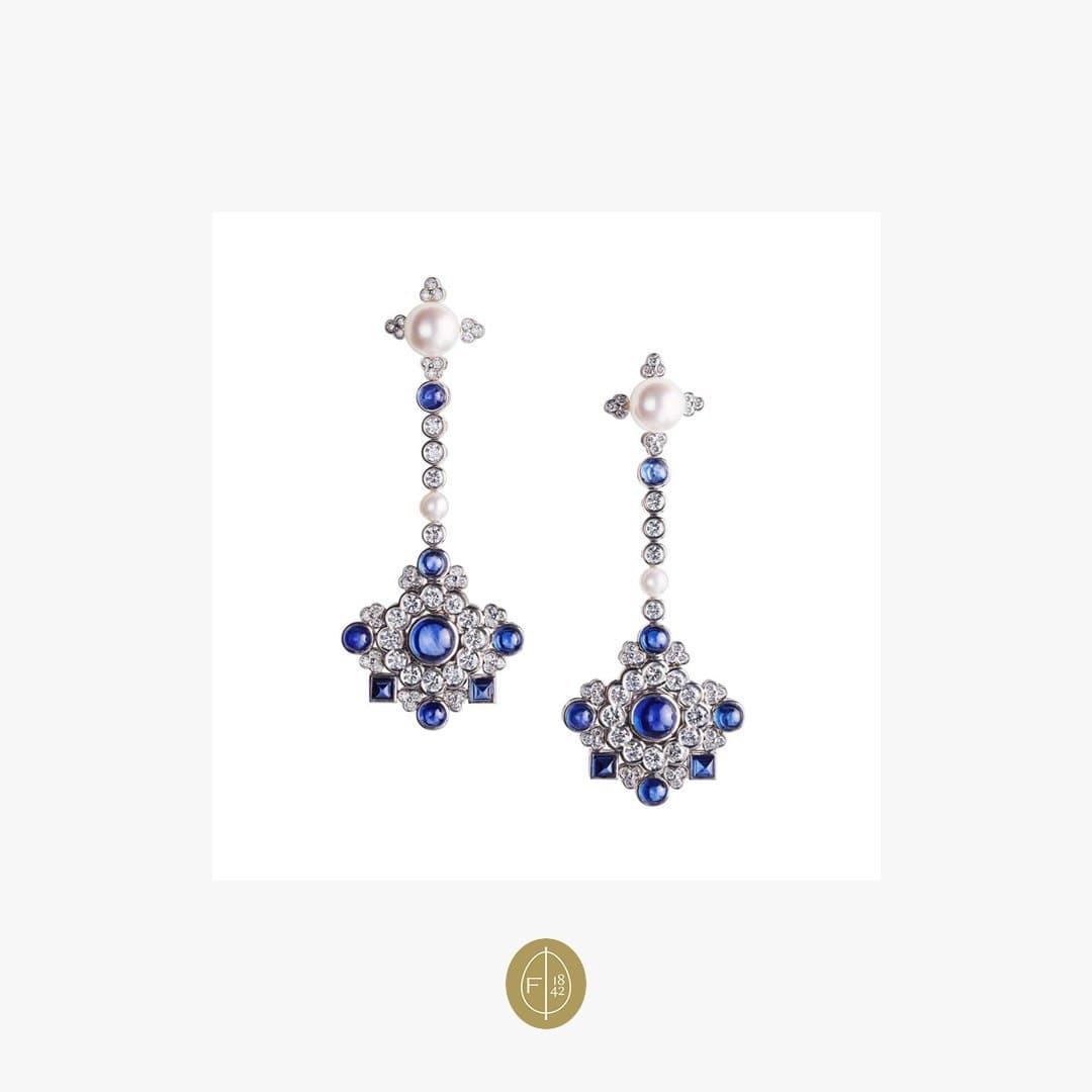 Fabergé Dentelle de Perles White Diamonds & Cabochon Blue Sapphire Stud Earrings - Natkina