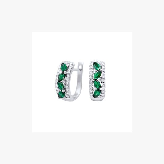 Green Emerald White Diamond White Gold Modern Lever-Back Earrings - Natkina