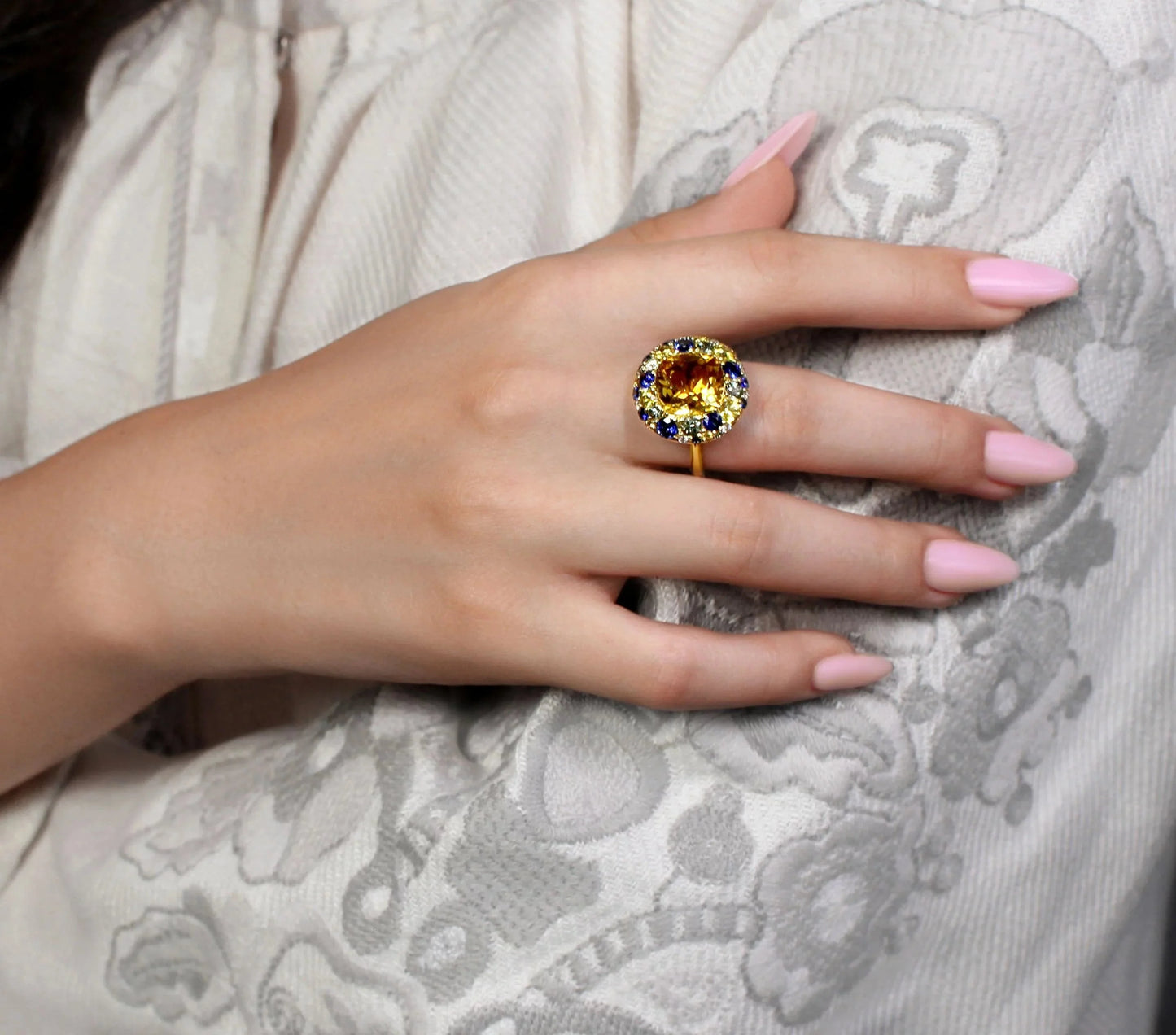 Ukrainian Heritage Citrine and Sapphire Gold Three-Stone Designer Diamond RingRing