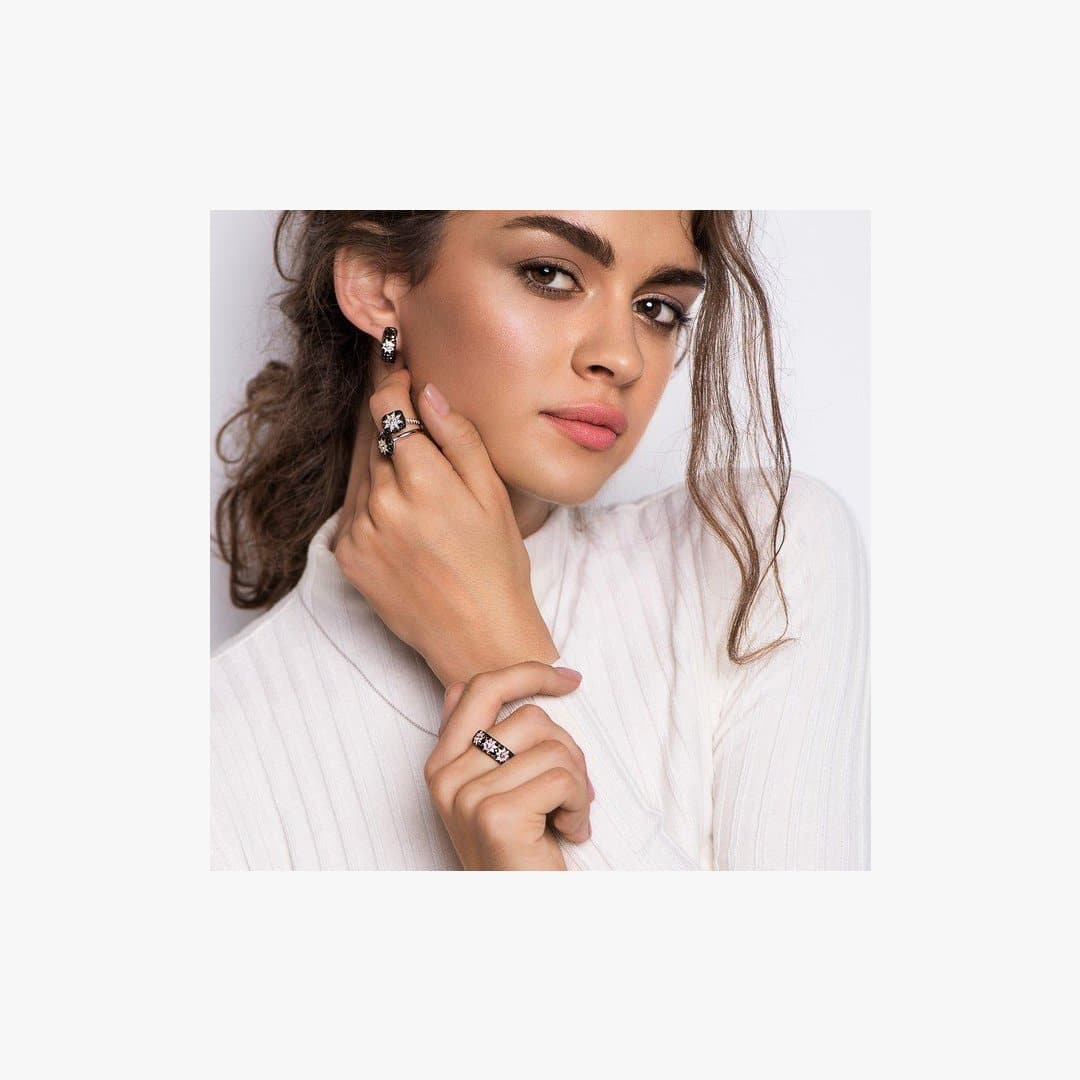 Long 3 Star Ring Black Diamonds - Natkina