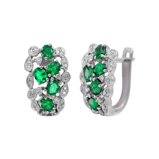 Precious Green Emerald White Diamond Gold Sophisticated Lever-Back Earrings - Natkina