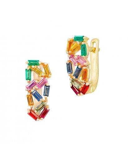 Rainbow Multistone Rose Yellow Sapphire Ruby Emerald Gold Lever-Back Earrings - Natkina