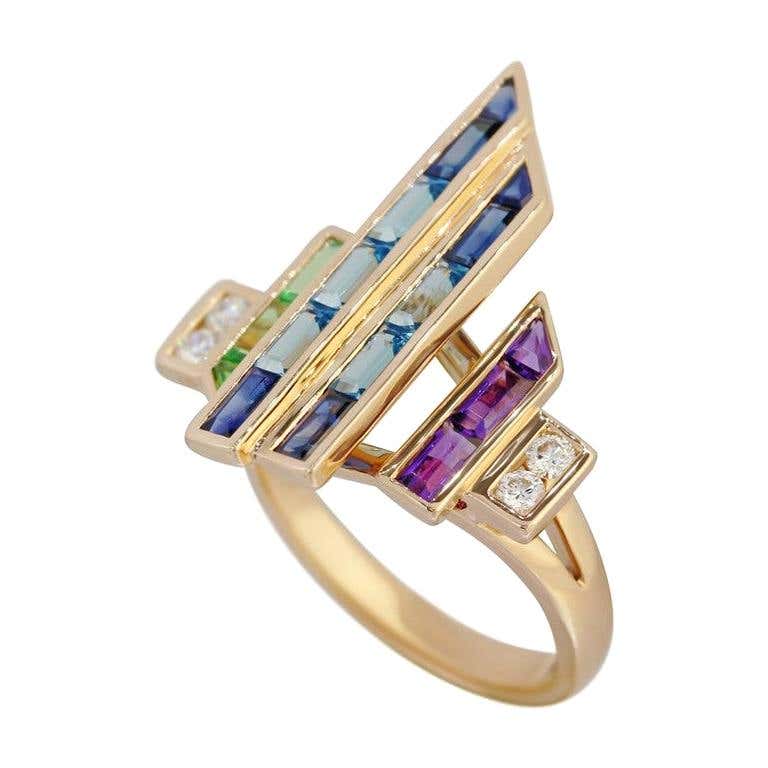 Topaz Blue Sapphire Amethyst Diamond Yellow Gold Earrings - Natkina