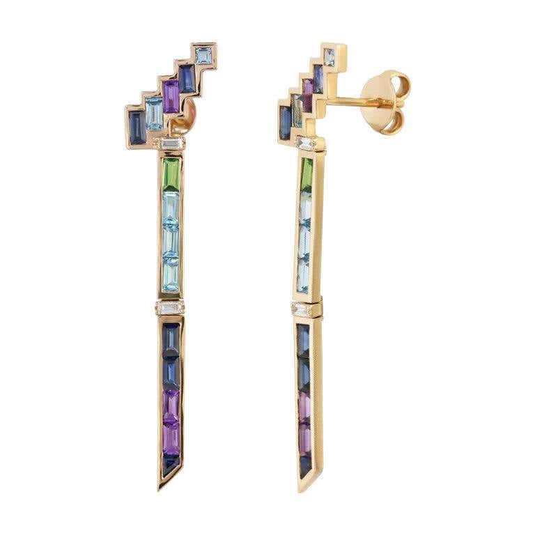 Topaz Blue Sapphire Amethyst Diamond Yellow Gold Earrings - Natkina