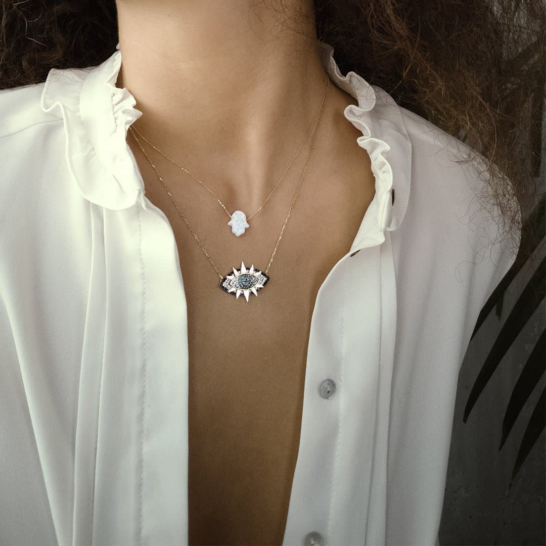 White Fatma Hand Gold Neklace - Natkina